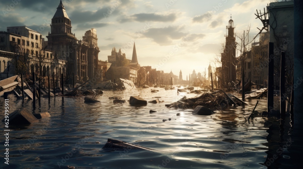 city submerged in water, illustrating the aftermath of a devastating flood generative ai