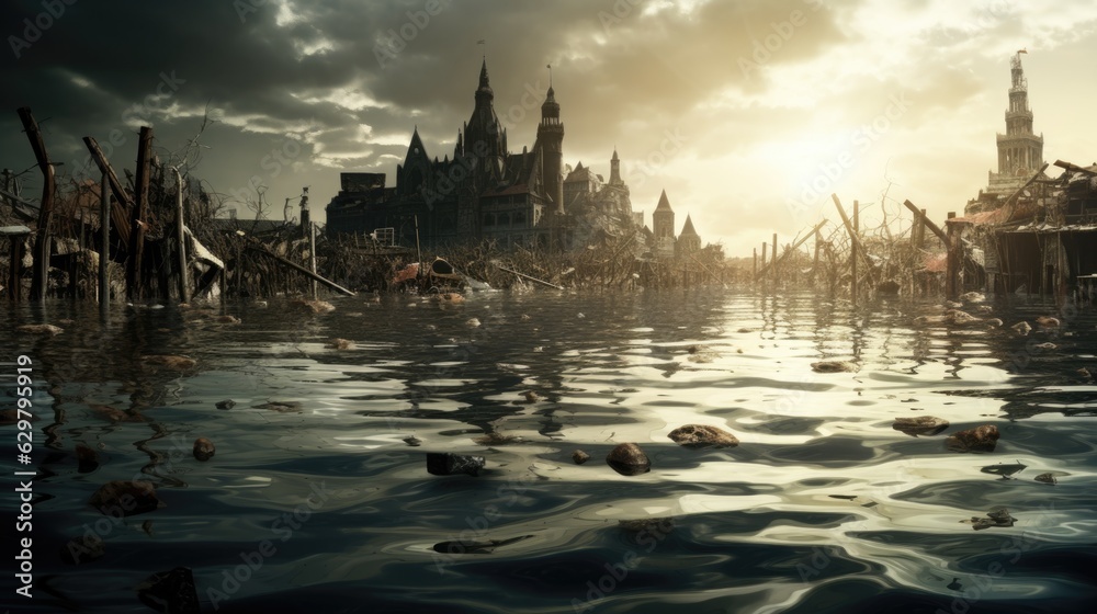 Naklejka premium city submerged in water, illustrating the aftermath of a devastating flood generative ai