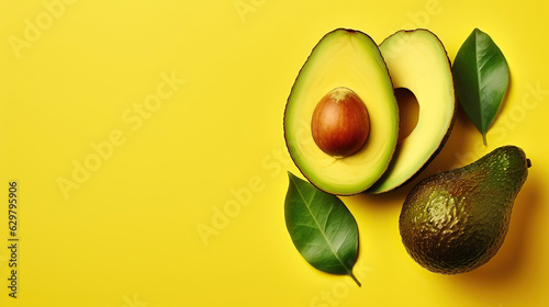 Minimal composition with leaf and halved nutrient dense avocado fruit slices full of heart healthy monounsaturated fat on bright yellow background with copy space for text