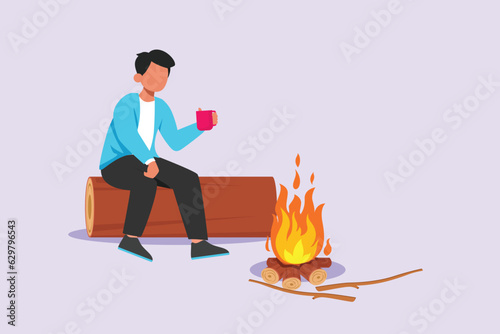 Traveler or explorer on mountain or valley concept. Colored flat vector illustration isolated. 