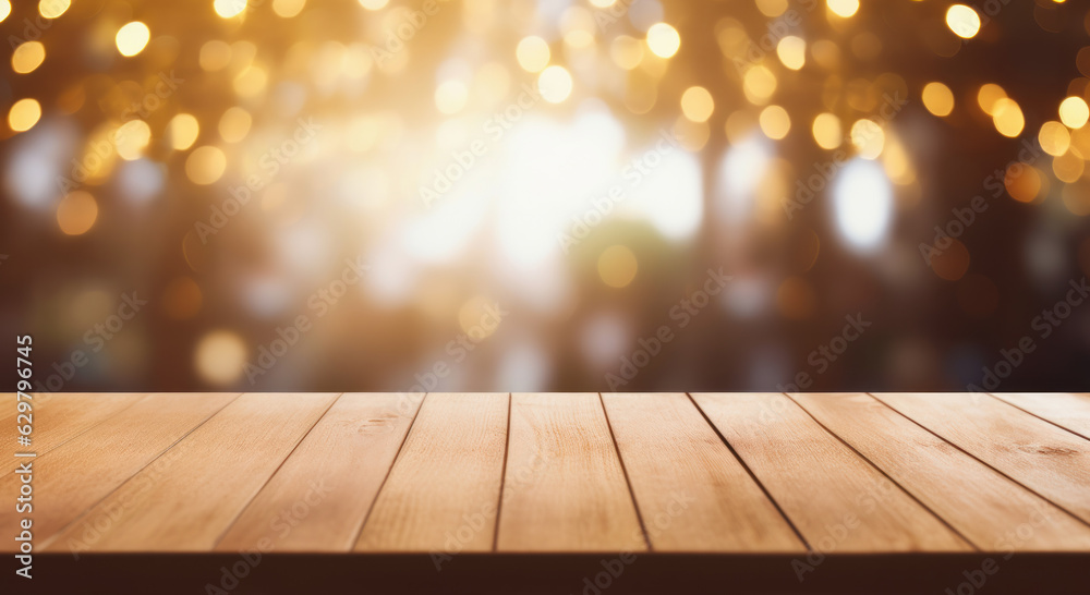 Wooden board empty table with blur gold bokeh background, Mockup for product.