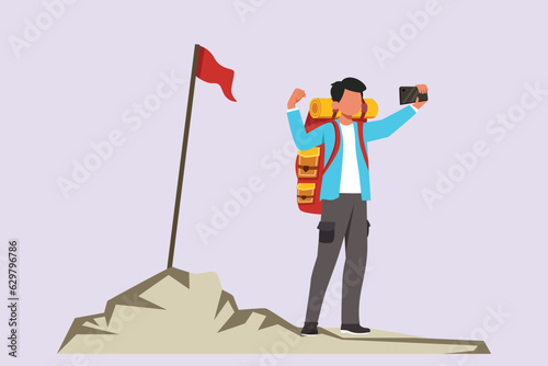 Traveler or explorer on mountain or valley concept. Colored flat vector illustration isolated. 