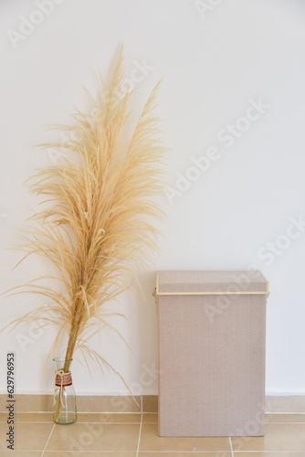 Hierba de pampa en una cesta cerca de una pared blanca. photo