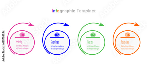Horizontal Business Infographic template. The thin line of a circle with an arrow design with numbers 4 steps or options and text boxes.