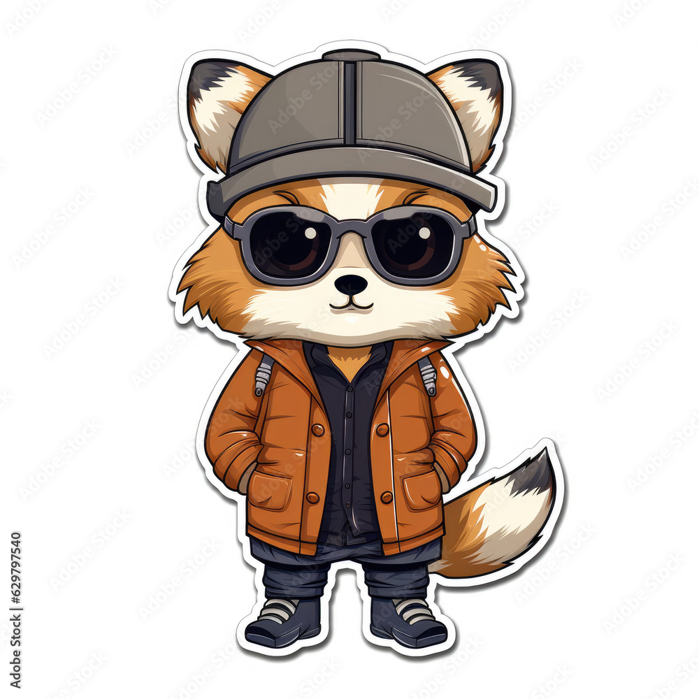 Sticker of a cute animal in urban clothes isolated on white background