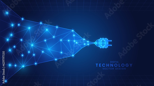 Blue power plug. energy connection concept. line and particle style design