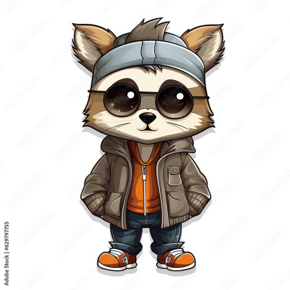 Sticker of a cute animal in urban clothes isolated on white background