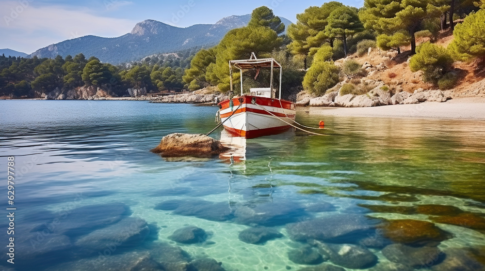 Naklejka premium Basking in the Scenic Allure of a Beautiful Bay, Graced by Graceful Boats. Generative AI