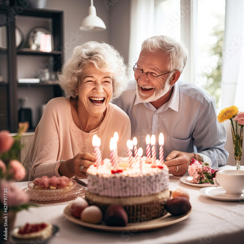 couple celebrating birthday.Joyful senior woman blowing candles on birthday cake  with her husband, celebrating her birthday. cozy mood and pastel theme. 