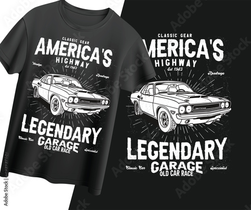 classic gear America's highway , legendary garage old car race , Vintage  American garage t-shirt design