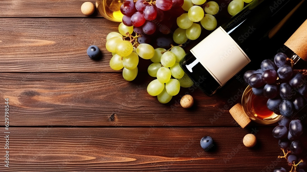 Obraz premium Two bottles with red and white wine with bunches of different type grapes and wineglass on dark brown wooden texture table. Generative AI