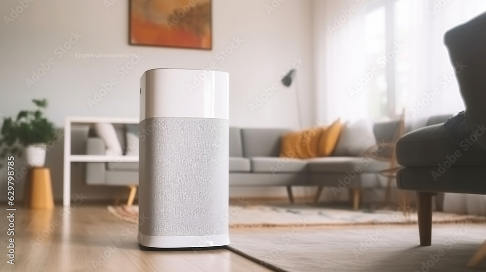 Air purifier in cozy white living room for filter and cleaning removing dust and virus in home,for fresh air and healthy Wellness life,Air Pollution Concept, Generative AI