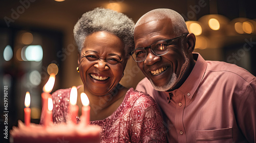 couple celebrating birthday.Joyful senior African woman and family blowing candles on birthday cake, with her husband, celebrating her birthday.cozy mood and pastel theme.