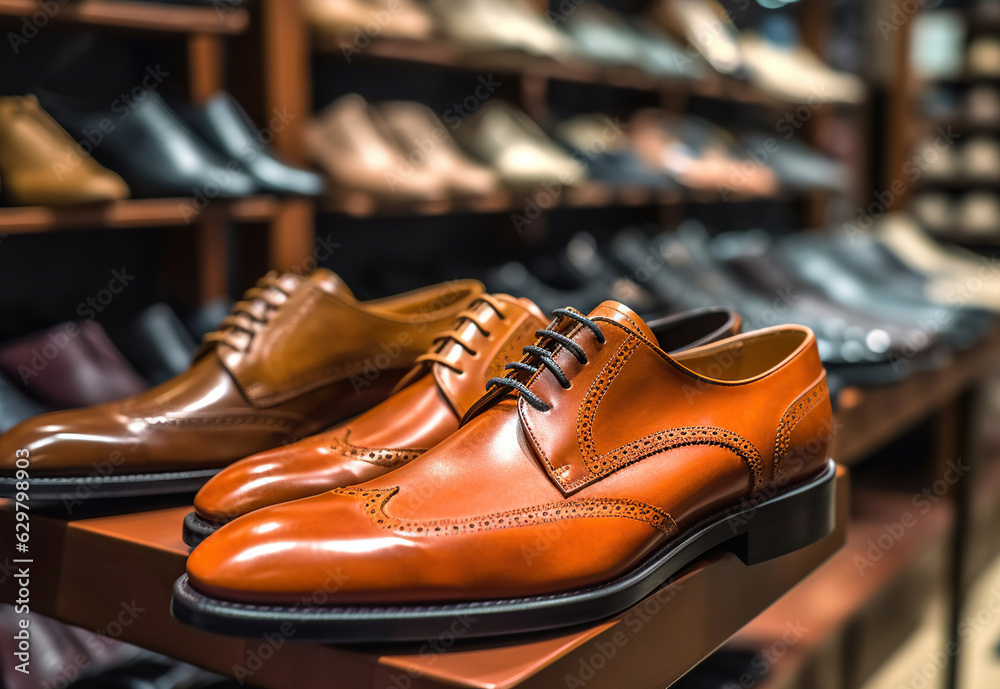 Leather fashion shoes on sale in mall boutique. Generative AI Leather fashion shoes on sale in mall boutique. Generative AI