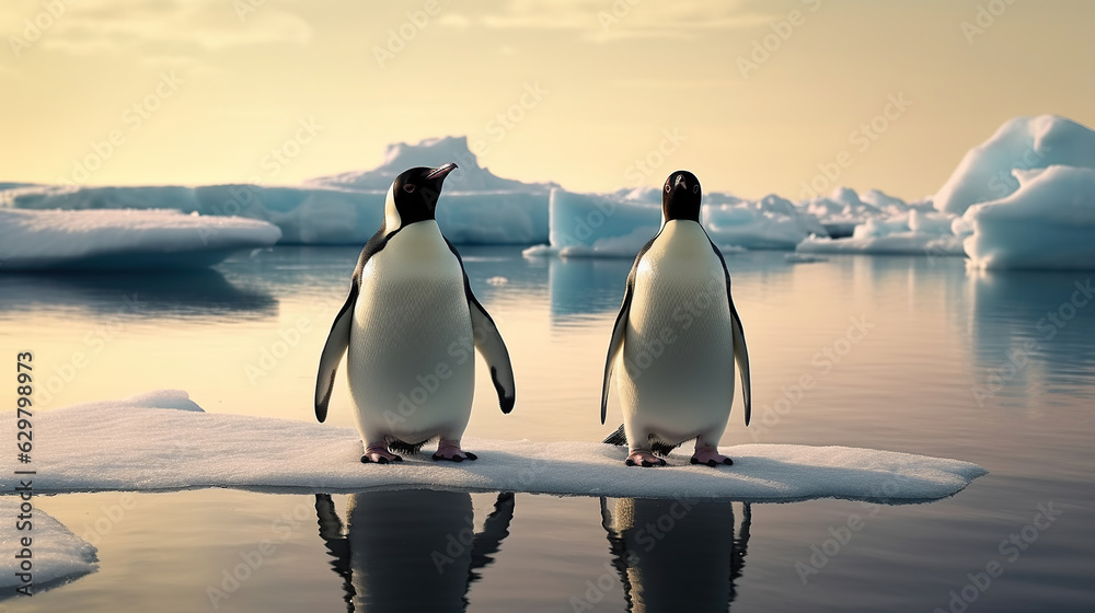 Two Penguins Stand On Melting Ice In Arctic Ocean Global Warming ...