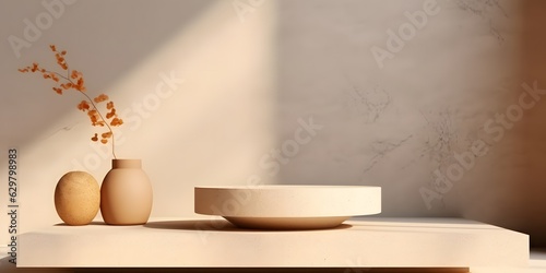 beige natural podium pedestal product display background with texture and shadow, luxury, elegant, modern, minimal created with Generative A © Lucky Ai