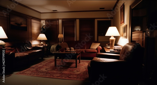 American style rooms in the 1990s era, movie atmosphere, an undercover living room with traces of life, American style living room furniture, Generative AI © Lifia