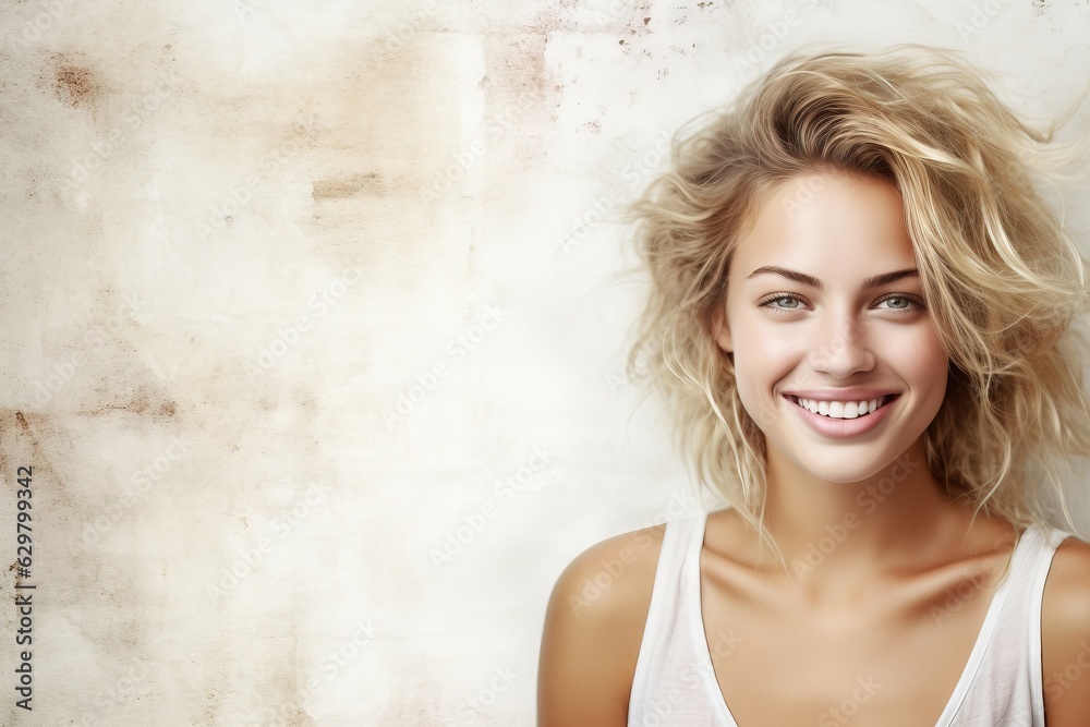 Smiling Blonde Woman on White Textured Canvas-Style Background - Generative AI