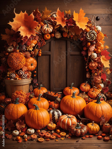 Autumn Delights, Beautiful Set of Snacks and Beverages on Wooden Door with Pumpkin and Candies