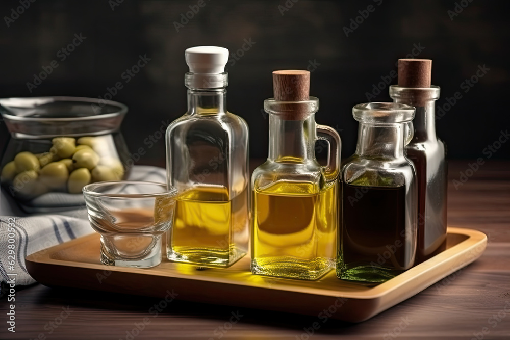 Glass bottles of olive oil are on the kitchen table. Generative AI. Glass bottles of olive oil are on the kitchen table. Generative AI.