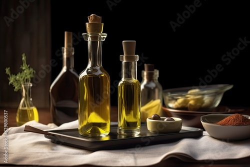 Wallpaper Mural Glass bottles of olive oil are on the kitchen table. Generative AI. Torontodigital.ca