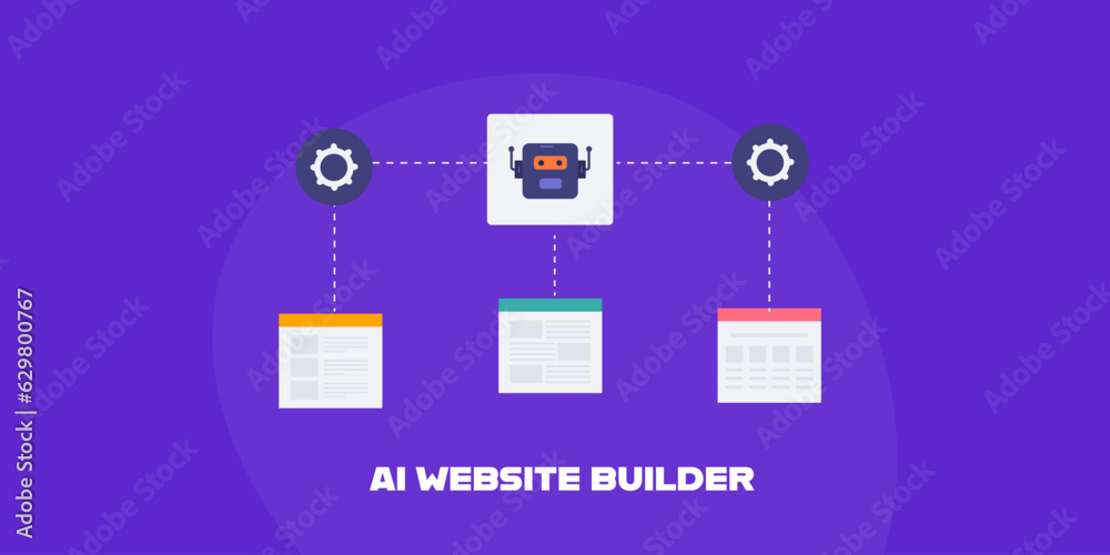 AI website builder, web design and development using artificial intelligence technology, ai bot and website layout conceptual vector illustration with purple background. AI website builder, web design and development using artificial intelligence technology, ai bot and website layout conceptual vector illustration with purple background.