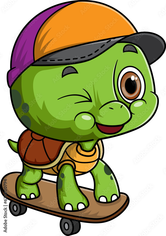 Fototapeta premium Cartoon cute baby turtle playing skateboard