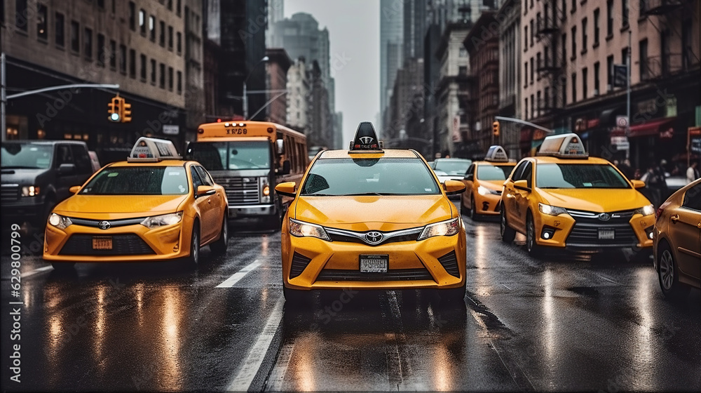 The New York City Taxi and cars in street traffic in Manhattan New York City. Rain in The City