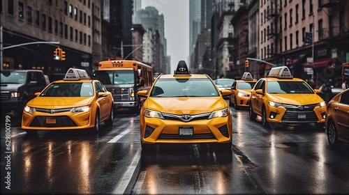 The New York City Taxi and cars in street traffic in Manhattan New York City. Rain in The City © Lifia