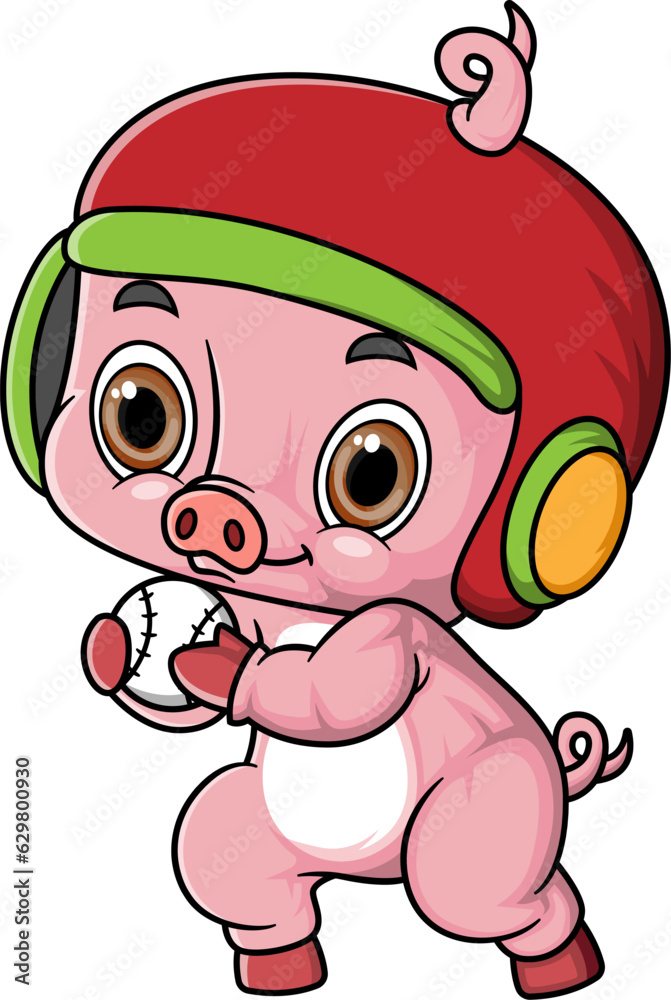 Cartoon little pig playing ball on white background