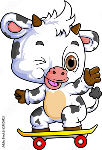 Cartoon little cow playing skateboard on white background