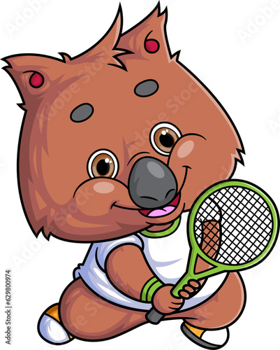 cartoon cute quokka character playing tennis on white background