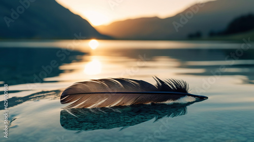 An old feather resting on a lake during a beautiful blue and turquoise sunset, with mountains on the back