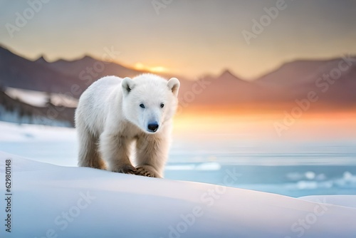  Baby polar bear frolicking in the glistening snow, leaping joyfully with its paws raised high  Generated With AI Technology