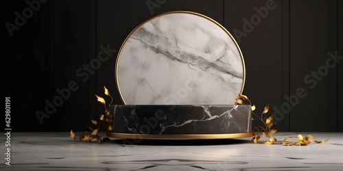 black and white round marble podium pedestal product display background with a little gold accent and gold leaf, luxury, elegant, created with Generative AI