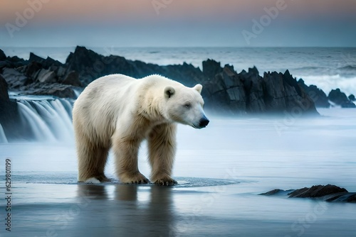 A courageous polar bear in the sea  navigating through a stormy Arctic sea with dark    Generated With AI Technology