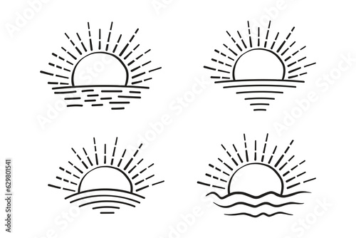 
set of hand-drawn isolated sun vectors, summer Sunrise Sunset sunshine sunlogo icon, Rising sunlight icon, Summertime sunbeam icons, line art Yellow sun collection, hot weather icons, water waves
