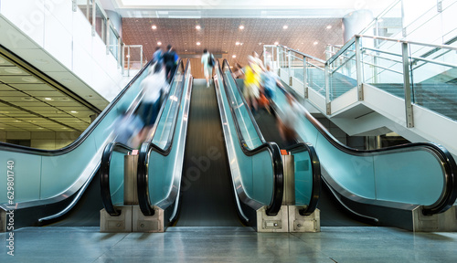 People rushing in the escalator lobby photo