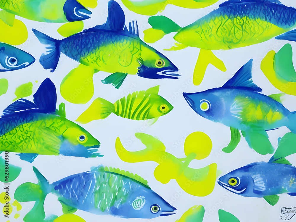 fish pattern watercolor aquarium children drawing style