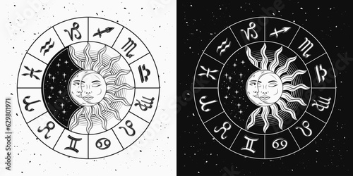 Horoscope wheel with zodiac signs, sun eclipse with crescent moon in centre. Mystical astrological illustration in vintage style.