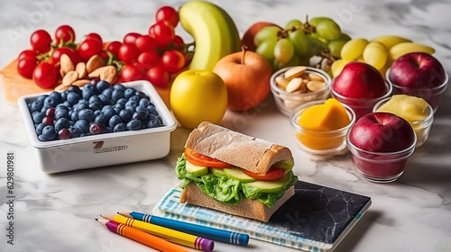 Back to school concept - school lunch with colorful pencils on marble background