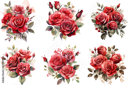 Vector flower set of red rose bouquets with flowers and leaves on a white background.