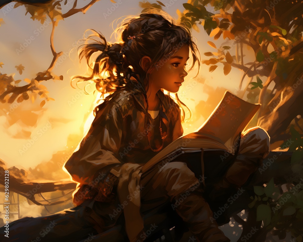 young girl sitting on grass reading a book in the magical forest. Stock ...