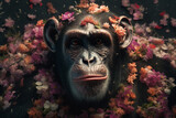 Chimpanzee or chimp abstract portrait with flowers and leaves. Creative animal portrait. Generative Ai.