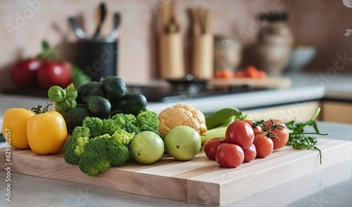 Close up shot of different raw fruits, vegetables and greens, wooden chopping boards on the marble countertop of kitchen with classic style interior