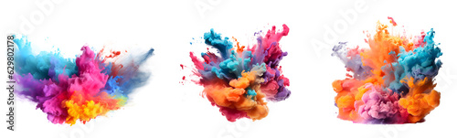 Set of Abstract explosion of colored powder colorful paint splashes element for design, isolated on white and transparent background, ai generate
