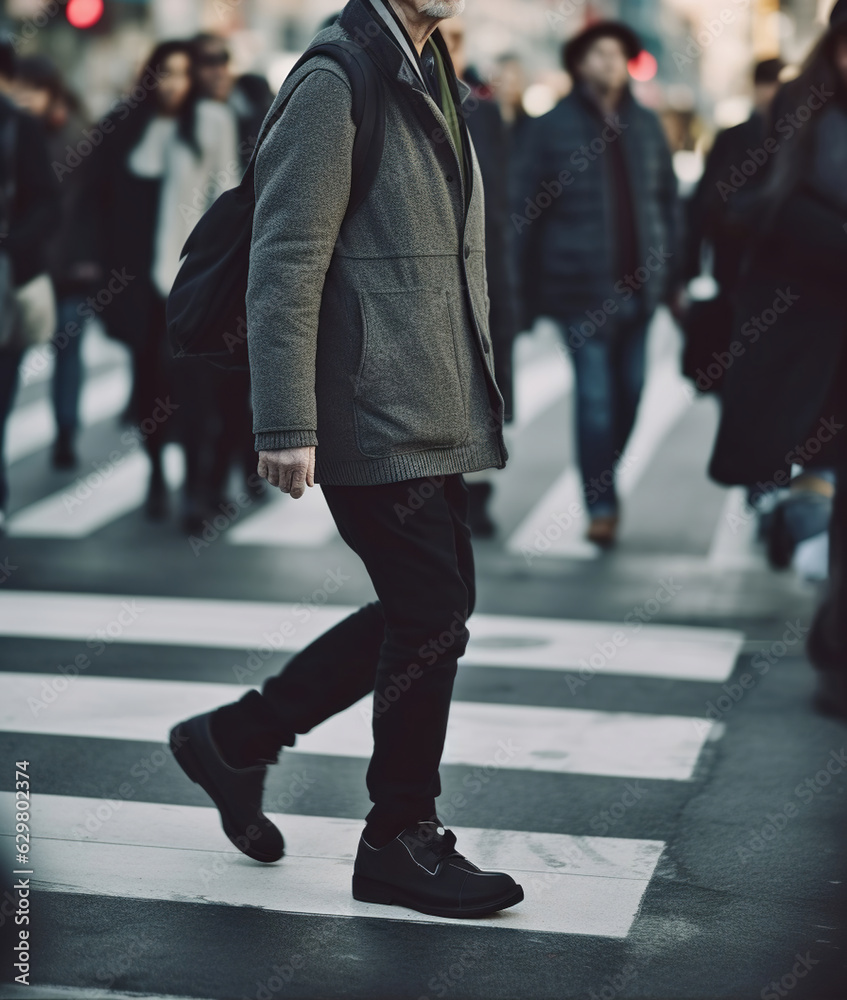 Winter Stroll, Navigating the City Streets - Man's Journey through the Crosswalk Crowd Winter Stroll, Navigating the City Streets - Man's Journey through the Crosswalk Crowd