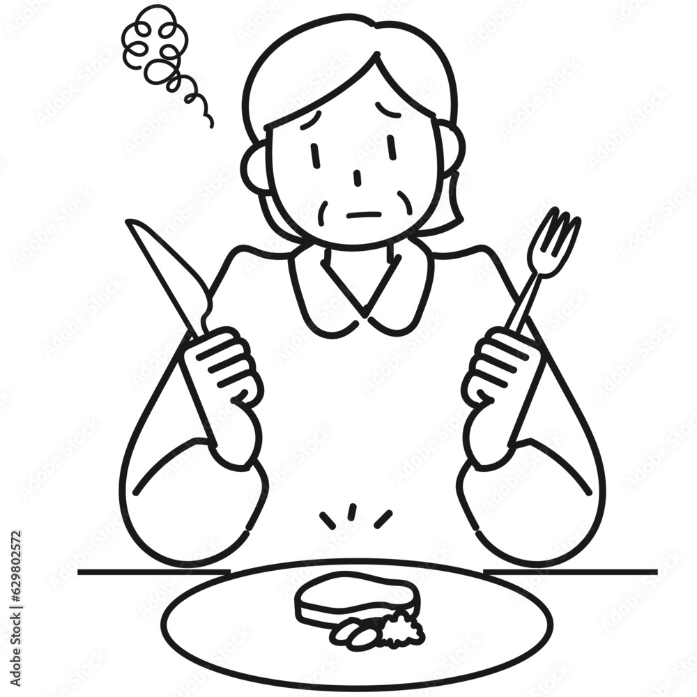 ダイエットのために食事量を減らして不満顔のシニア女性 ダイエットのために食事量を減らして不満顔のシニア女性