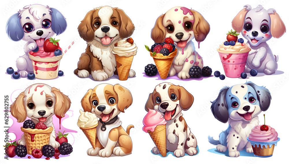 set of cute Dogs with Ice Cream Waffle, isolated and transparent on Background, PNG generated ai set of cute Dogs with Ice Cream Waffle, isolated and transparent on Background, PNG generated ai