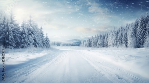 Sunny winter road covered with snow. Generative AI © ColdFire